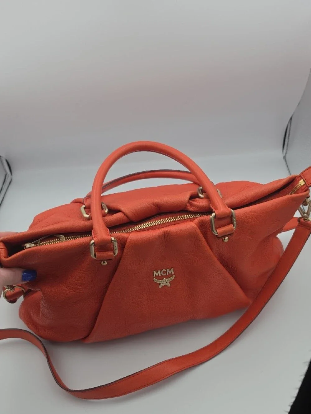 MCM Bright Orange Visetos Embossed Top Double Handles Large Satchel Bag (EUC)🧡✨